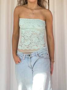 Women Lace Tube Top Without Bra  Y2k Floral Lace Sheer Mesh Strapless Bandeau Crop Tops Sexy Backless Sleeveless See Through Going Out Tops Off Shoulder Vests Shirts Vintage Aesthetic Clothes Streetwear - 薄荷綠 - 查看 9
