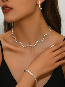 3 件几何铜新娘水钻项链、耳环和手链套装、婚礼派对礼服配饰