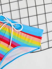 Men's Beach Vacation Casual Rainbow Stripe Drawstring Triangle Swim Trunks - Multicolor - View 4