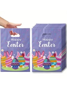12 件各种复活节彩蛋和兔子图案塑料手提袋，多色，可爱兔子元素，节日礼品袋，适合复活节庆祝活动