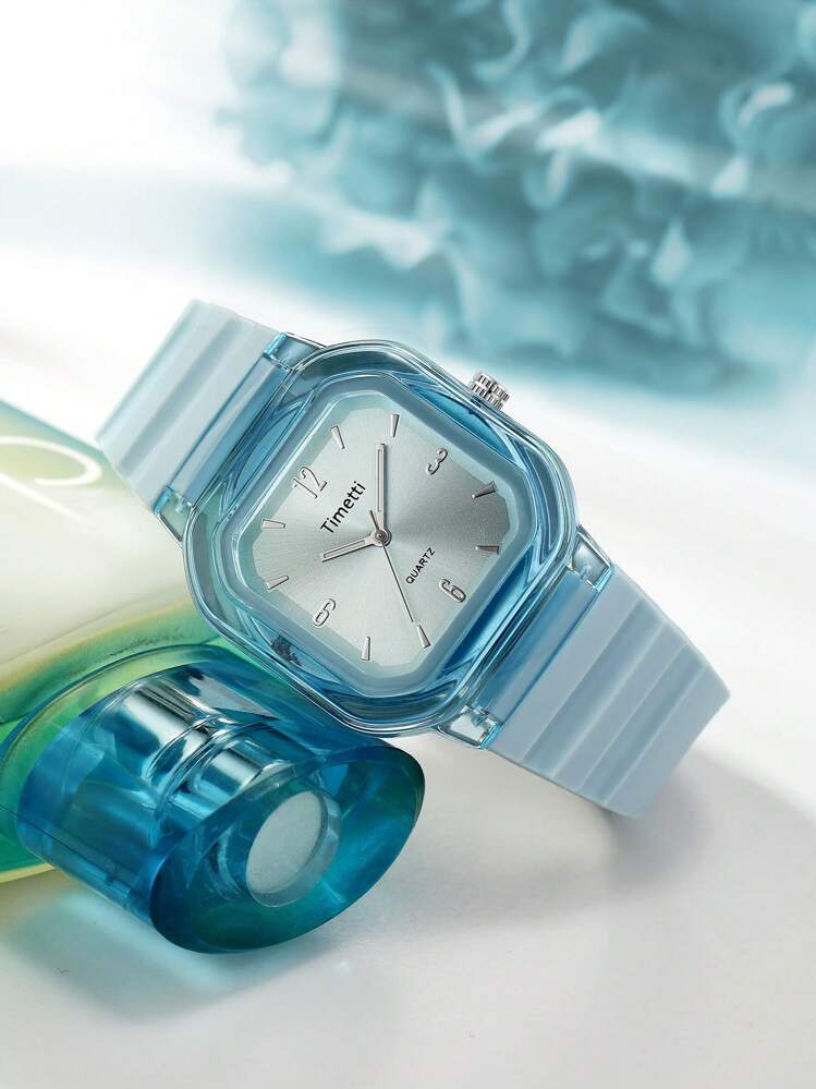 1pc Women Casual Affordable Square Minimalist Silicone Band Quartz Wrist Watch, Suitable For Daily Wear - Blue - View 2