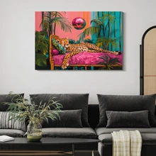 1pc Framed Canvas Poster, Cheetah Sleeping Under A Disco Ball Pink Wall Art Canvas Paintings, Ideal Gift For Bedroom Living Room Corridor, Wall Art, Room Decoration - Multicolor - View 4