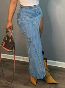 Women's High Waist Wide Leg Ripped Denim Shorts High Side Sexy Slit Design Jeans Skinny Jeans Are Suitable For Everyday Casual Wear - Rửa nhẹ - Xem 5