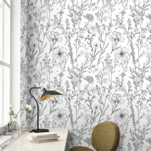1 卷复古简约风格自粘墙纸 - 黑线花卉和植物图案，可移除乙烯基接触纸，防水，防潮，家居装饰贴纸适用于客厅、卧室、书房、餐厅墙壁、书架、橱柜、家具翻新、租客友好、多功能，尺寸 44*300/500/1000 厘米
