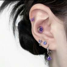 5 件套玫瑰色钻石钛钢闪亮耳环、耳饰配套、蝴蝶耳环、紫色心形耳饰耳环套装