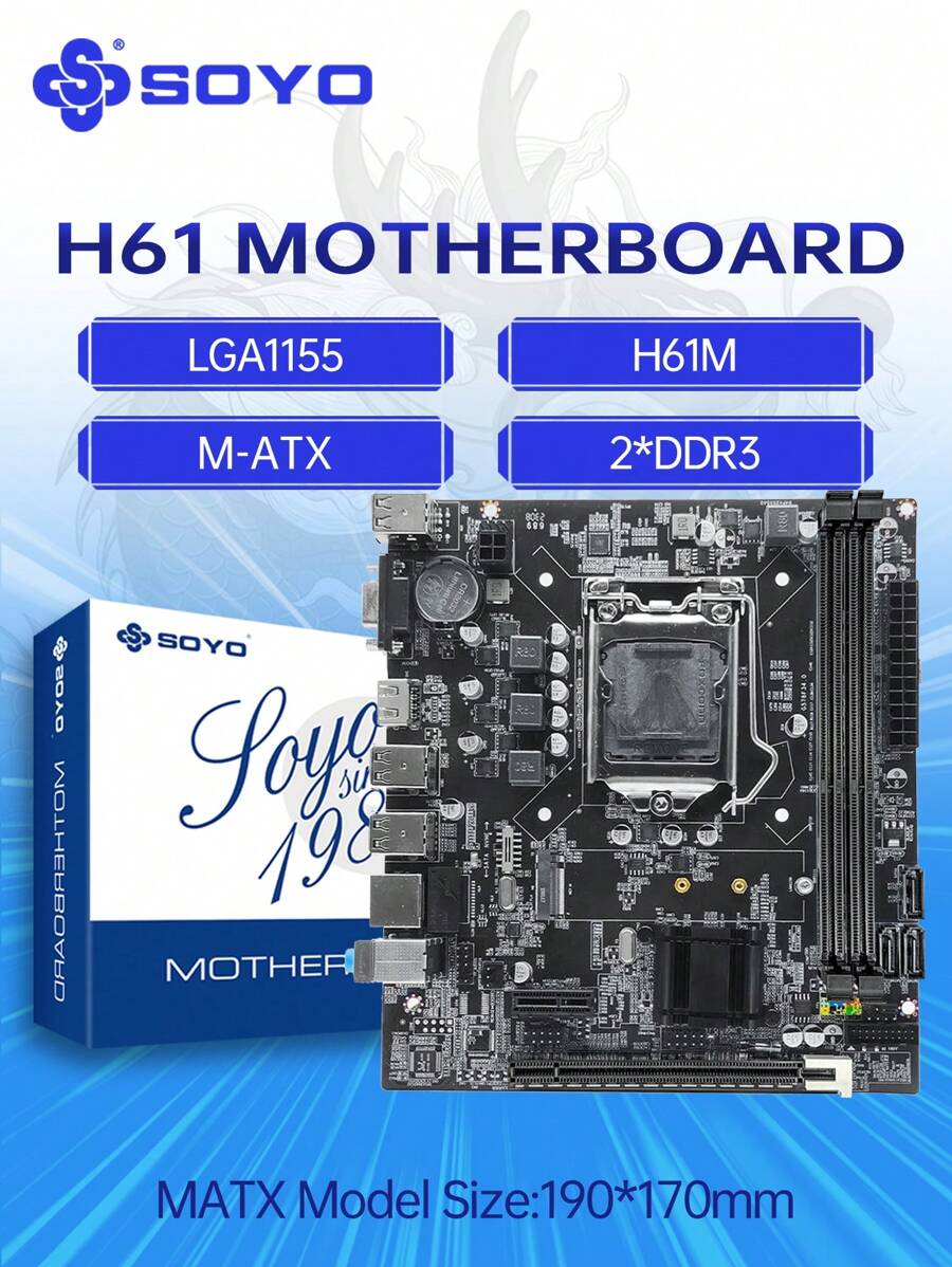 SOYO H61 主板 LGA 1155 套件兼容英特尔酷睿 CPU 第二代和第三代支持 M.2 NVME SDD