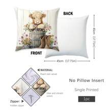 1 件 17.7*17.7 英寸 (45*45 厘米) [单面印花] 花卉牛仔靴高地牛印花涤纶抱枕套，适合日常使用、家居装饰、客厅沙发、卧室、汽车 [不含枕芯]