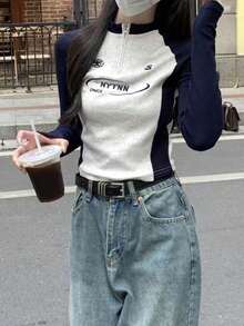 女式常规肩长袖 T 恤，修身拉链设计，休闲时尚，适合日常穿着