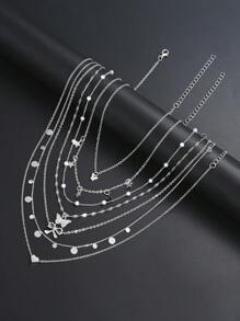 17KM 7pcs/Set Heart, Butterfly, Star, Bow Charm Necklace Set For Women, Suitable For Vacation, Date, Daily Wear & Gift - Silver - View 4