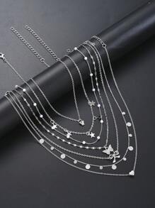 17KM 7pcs/Set Heart, Butterfly, Star, Bow Charm Necklace Set For Women, Suitable For Vacation, Date, Daily Wear & Gift - Silver - View 3