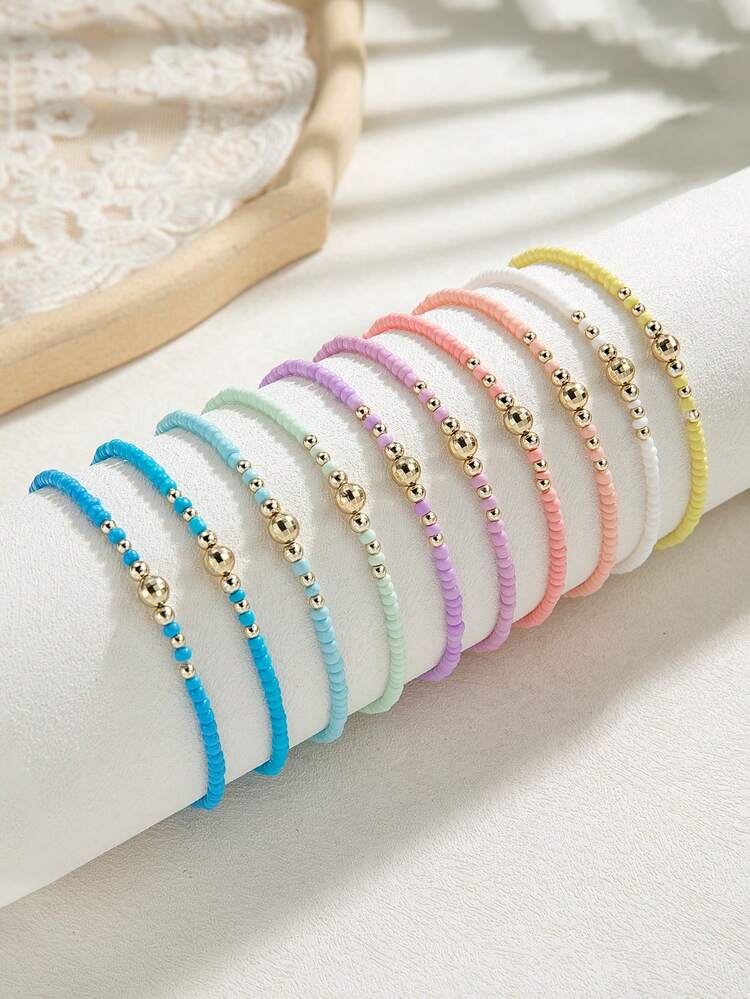 Bộ 10 vòng tay đàn hồi hạt CCB phong cách Boho & hạt gạo nhiều màu, phù hợp cho phụ nữ mặc đi nghỉ dưỡng/bãi biển - Nhiều màu - Xem 3