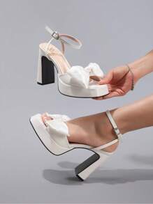 Women's Bowknot Waterproof Platform Sandals, Shiny PU Leather Thick Sole Open Toe Summer Wedding Party Square Toe Chunky High Heel Shoes, White - White - View 9