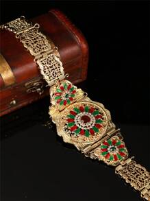 1pc Moroccan Luxury Women Long Robe With Gold Belt, Featuring Circular Floral Pattern Hollow Carving Inlaid With Abundant Rhinestones, Suitable For Females To Wear At Wedding Ceremony, Gala Dinner And Festival Occasions - Gold + White - View 5