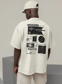 Oversized T-Shirt Turtleneck Unisex Streetwear 100% Cotton Urban Style Workout Casual Black And Off Whte Printed - 香檳色 - 查看 1