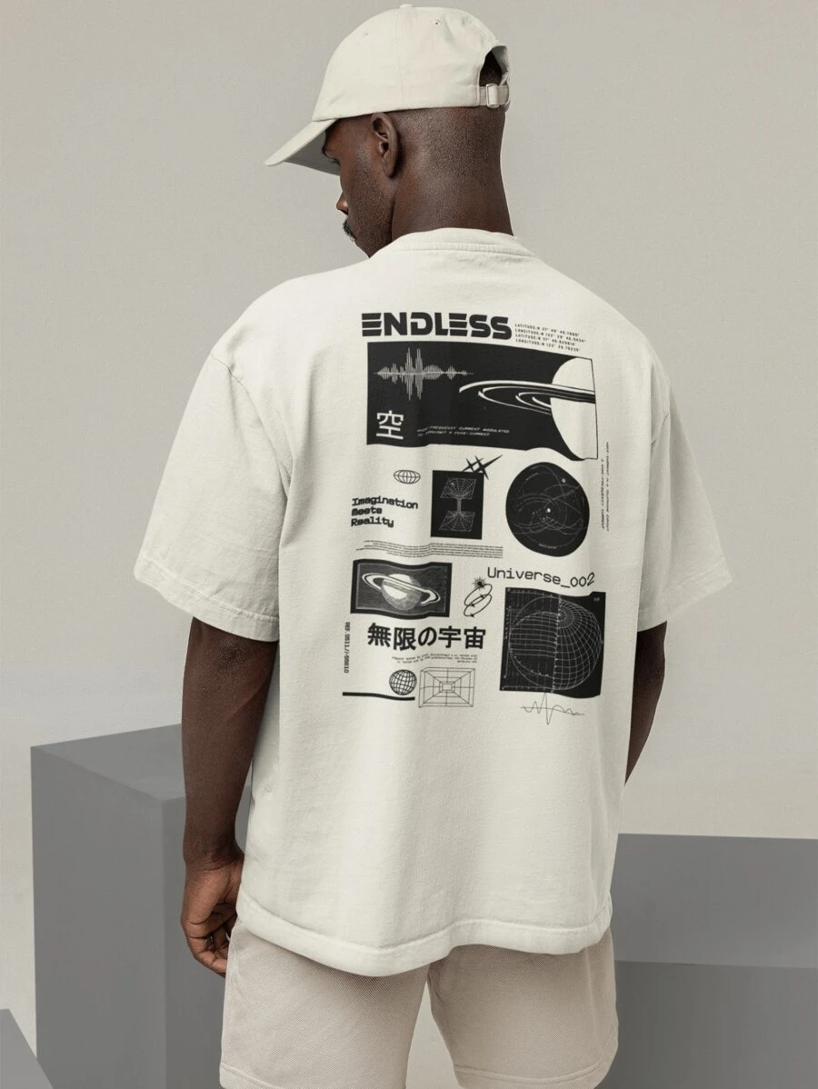 Oversized T-Shirt Turtleneck Unisex Streetwear 100% Cotton Urban Style Workout Casual Black And Off Whte Printed - 香檳色 - 查看 1