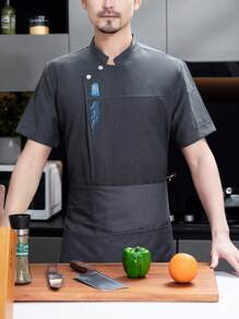 Áo khoác đầu bếp phong cách Trung Quốc, tay ngắn, thoáng khí & bền, lưới thông gió phía sau, thiết kế họa tiết mây Trung Quốc, ý nghĩa tốt lành, dành cho cả nam và nữ, thích hợp cho dịch vụ ăn uống, tiệm bánh, bếp khách sạn, nhà hàng, căng tin, xuân/thu/đông, áo khoác đầu bếp tay ngắn màu xám, có sẵn cỡ nhỏ - màu đen - Xem 5