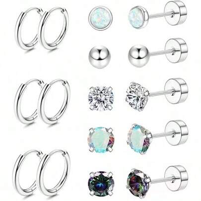 16 pièces Set de boucles d'oreilles hypoallergéniques en acier inoxydable, comprenant des boucles d'oreilles à tige sertie de zirconium cubique et des boucles d'oreilles créoles. Convient aux hommes, femmes et oreille cartilage, 20G