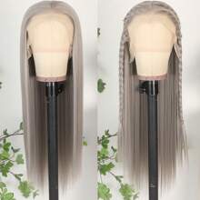 13X6 Platinum White Synthetic Lace Front Wigs 28 Inch Pre Plucked Long Straight Hair Wigs Glueless White Wigs Heat Resistant Fiber Hair Natural Halloween Wigs Platinum Blonde Lace Front Wigs For Women For Daily Christmas Party Cosplay Use - 灰色 - 查看 3
