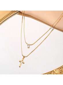 New Vintage Minimalist Rhinestone Cross Pendant Necklace, Double Layer Stainless Steel Clavicle Chain, European And American Fashion
