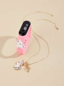 2pcs Children's Watch M3 Cute Rainbow Horse Watch+Rainbow Horse Rhinestone Necklace For Primary And Secondary School Students To Wear Versatile Casual Fashion Multi Functional Electronic Watch Combination Set