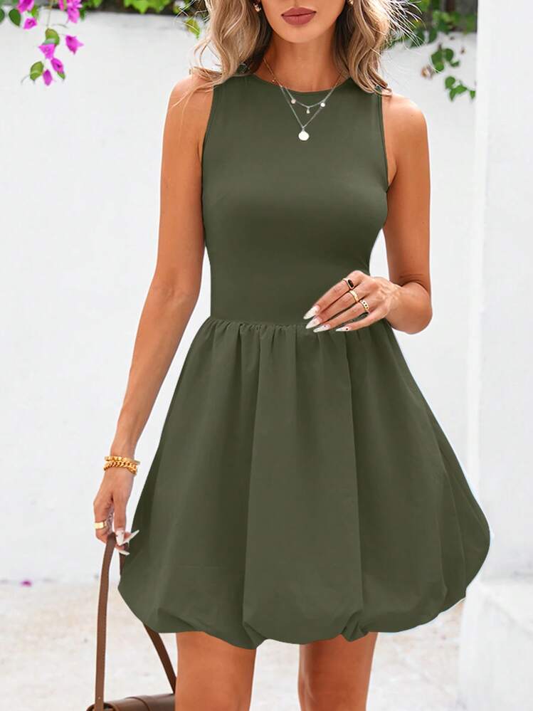 Women's Summer Dress Casual Sleeveless Vest Cute Mini Skirt Round Neck Bubble Skirt Pocket - xanh quân đội - Xem 4