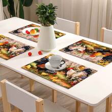 4 件套鸡场印花亚麻餐垫 - 100% 编织亚麻矩形桌垫，适用于餐厅、厨房 - 可洗、防滑、耐热餐垫，适用于咖啡桌、餐桌装饰