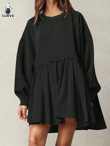 大码女式 Eleanor 运动衫裙，圆领长袖运动拼布褶皱套头连衣裙，秋冬