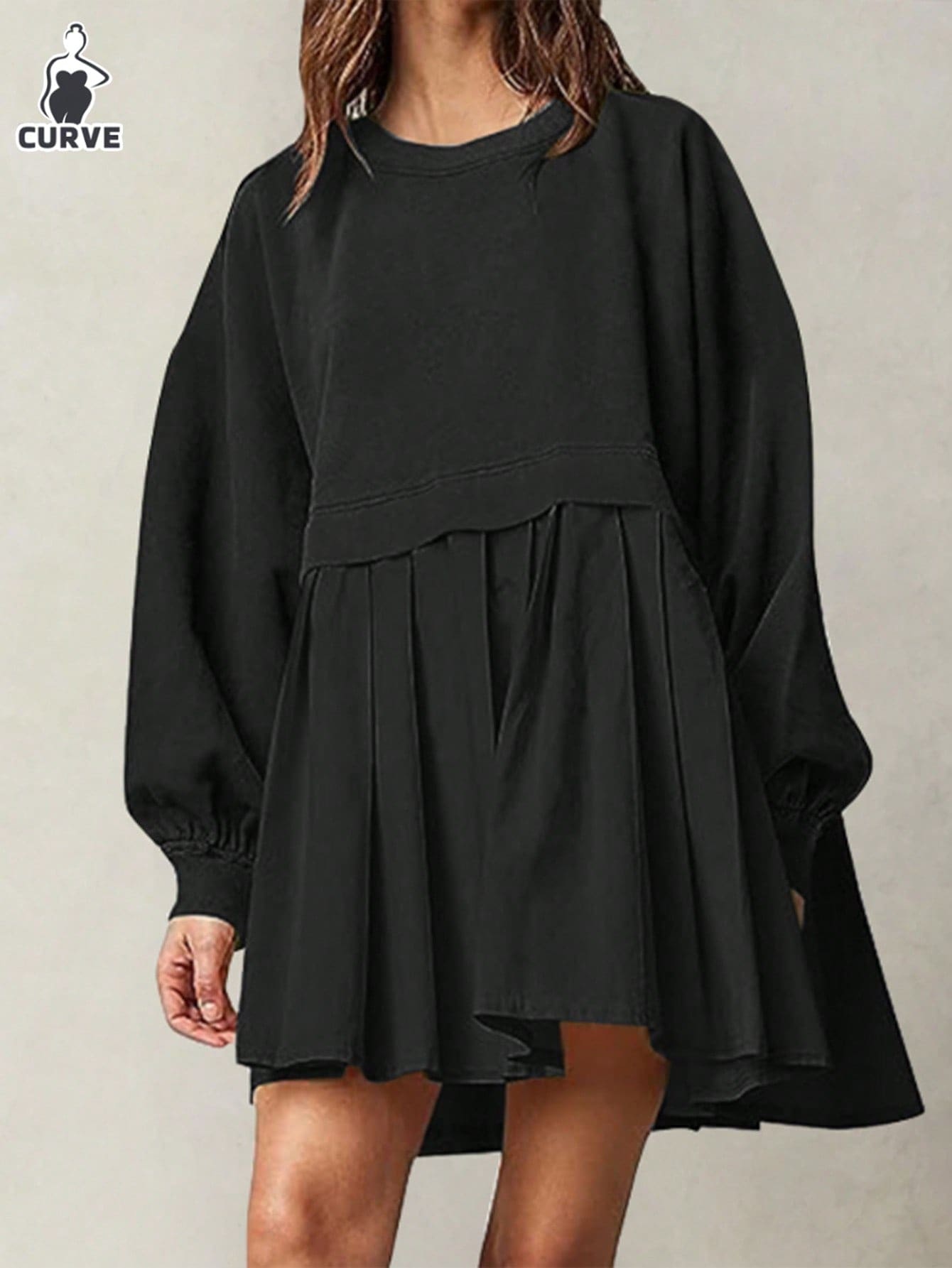 大码女式 Eleanor 运动衫裙，圆领长袖运动拼布褶皱套头连衣裙，秋冬