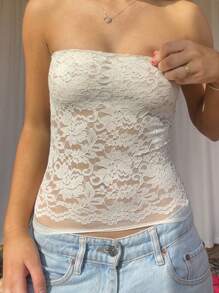 Women Lace Tube Top Without Bra  Y2k Floral Lace Sheer Mesh Strapless Bandeau Crop Tops Sexy Backless Sleeveless See Through Going Out Tops Off Shoulder Vests Shirts Vintage Aesthetic Clothes Streetwear - 白色 - 查看 8