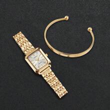 1pc Women's Steel Strap Casual Minimalist Square Dial Quartz Wristwatch + 1pc Love Bracelet, No Watch Box - 金色 - 查看 3
