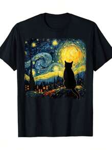 Camiseta de gato Noche estrellada de Van Gogh para amantes de los gatos, mamá gato, papá gato, ropa de pareja 2025, camiseta familiar - Negro - Ver 2