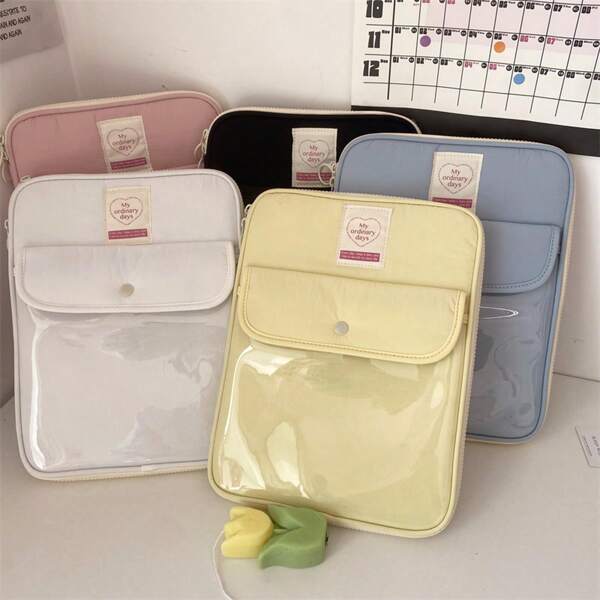 Bolsa transparente para laptop estilo coreano, estilo INS fofo, abertura com zíper de 180°, adequada para laptops e tablets de 11/13 polegadas, grande capacidade, multifuncional, bolsa de armazenamento protetora simples, design elegante de cor sólida