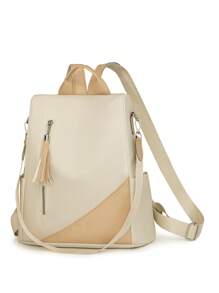 Multi-Functional Women Color-Block Shoulder Bag, New Fashion Versatile Large Capacity Anti-Theft Commuting Shopping Travel Backpack - White - View 2