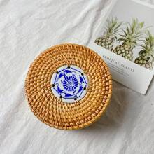 1pc 5.5*3.1 Inch Wicker Rattan Braided Round Storage Box For Snacks, Cosmetics, Jewelry, Dried Fruits, Desk Organizer