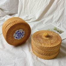 1pc 5.5*3.1 Inch Wicker Rattan Braided Round Storage Box For Snacks, Cosmetics, Jewelry, Dried Fruits, Desk Organizer
