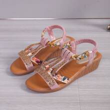 Sandal Wanita Hak Wedges Bohemian dengan Hiasan Berlian Imitasi dan Pita Elastis, Model Slip-On untuk Aktivitas Luar Ruangan dan Pantai - Berwarna merah muda - View 2