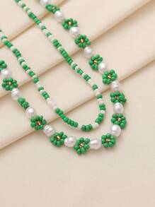 2pcs Bohemian Style Beaded & Pearl Flower Necklace Set For Women, Cute Handmade Jewelry Suitable For Daily Wear & Holiday - Green - View 4