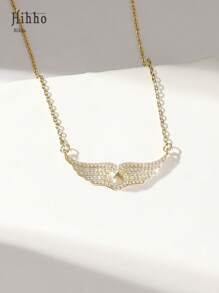 Hihho 1 pieza Collar colgante de lujo para mujer con gemas de circonita incrustadas en diseño de ala de ángel y gota de agua hueca, regalo de joyería