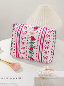 1 PC Vertical Striped Rose Bow Portable Make Up Bag,Fashionable And Casual Large Capacity Portable Zipper Makeup Bags,Travel And Vacation Essentials Cosmetic Bags For Sanitary Napkins,Pouch Pads,Wired Earphones,Earpods,Headphones,Charger,Lipsticks,Cosmetics,Perfume,Skin Care And Beauty Products,Home Decor,For Mom,Women,Nurses,Students,School Girls,Keys,Holiday Gifts Makeup Travel Toiletry Organizer Essentials Gifts Storage Zipper Accessories Nail - Red - View 6