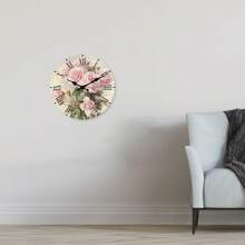 1 pieza Reloj de pared de madera con patrón floral de rosa vintage elegante, reloj silencioso sin tictac, decoración del hogar para la sala de estar, regalo para amantes de las flores, 10/12/14/16 pulgadas (baterías no incluidas)