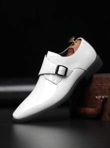 Men's Casual Buckle Closure Solid Color Round Toe Mid-Heel Leather Shoes, White Polished Formal Dress Shoes All Season - White - View 1