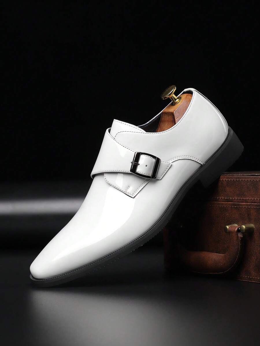 Men's Casual Buckle Closure Solid Color Round Toe Mid-Heel Leather Shoes, White Polished Formal Dress Shoes All Season - White - View 1
