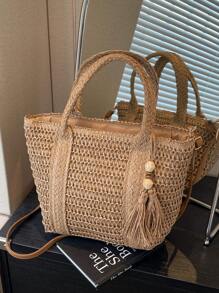 1pc Holiday Straw Shoulder Bag, Fashionable Woven Beach/Picnic Tote Bag With Tassel Decor, Casual Handmade Woven Bag Suitable For Gifts, Perfectly Matching With Vacation Outfits Women - Khaki - View 3