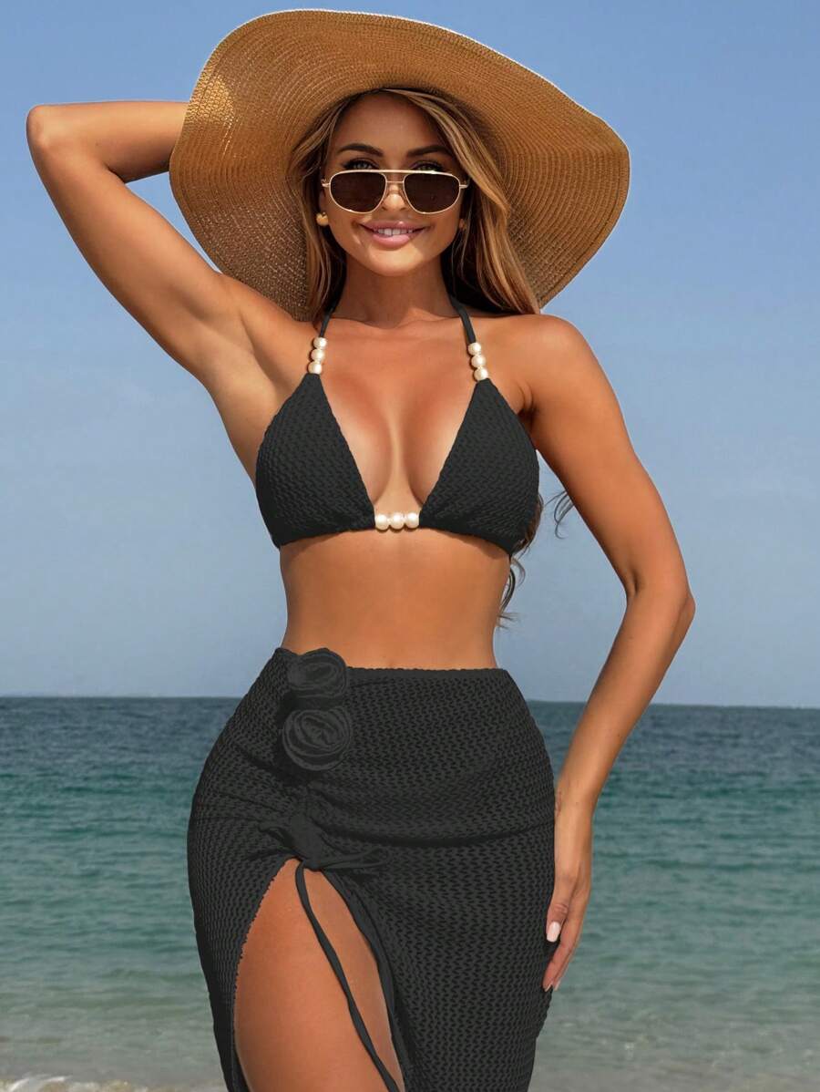 3pcs Women Knitted Beach Vacation Floral Cutout Triangle Bikini Set - View 1