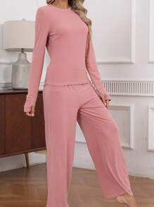 2 Pcs Pajama Set: Soft & Stretchy Milk Silk Women Home Suit, Comfortable Spring/Summer/Autumn Sleepwear, Two Pieces Set - Dusty Pink - View 9