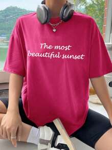 Customized Women's T-Shirt - Add Your Text And Photos (Landscape/Badge Design/Couple/Family/Selfie/Pet), Front And Back Print, Fashionable, Customized Women's Sportswear, Streetwear Casual, Sports Outdoor, Elegant Winter, Personalized Comfortable Loose Casual T-Shirt - Hot Pink - View 4