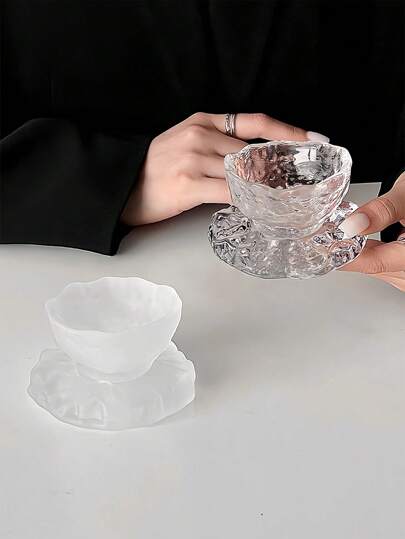 1pc (Cup+Saucer) Glacier Patterned Glass Tea Cup, Teaware For Home Use
