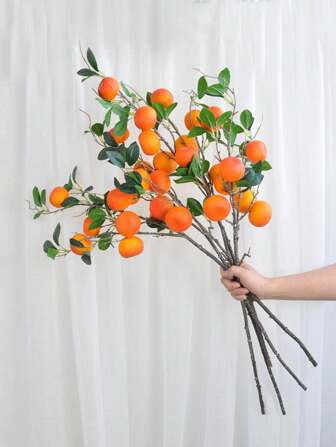1 pezzo/3 pz/6 pz Rami artificiali d'arancio, frutti finti, rami di mandarino con steli e foglie verdi, per decorazione floreale di matrimoni, vasi in cucina, decorazione domestica