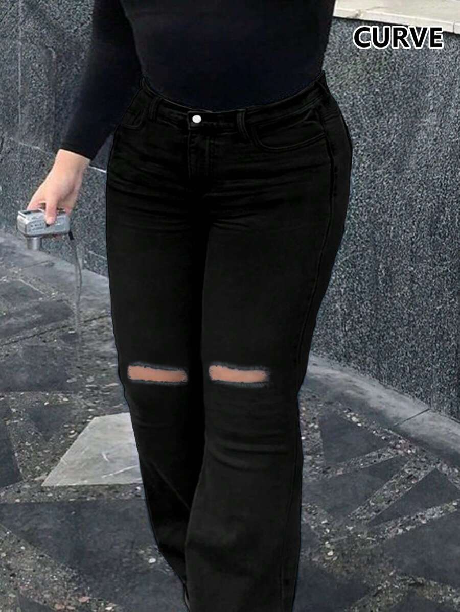 Plus Size Women's Simple Casual Fashion Washed Embossed Insert Pockets Hole Women's Stretch Skinny Bootcut Flare Jeans - 黑色 - 查看 1