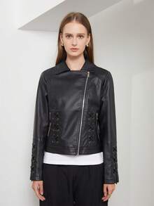 女士时尚编织皮夹克（配领带）、休闲仿皮夹克